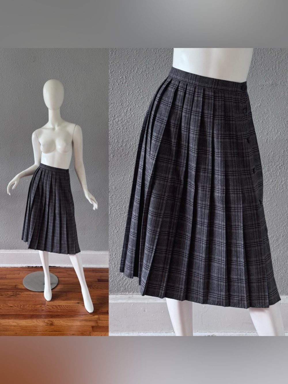 Vintage 80s Gray Plaid Pleated Wool A-line Midi Skirt M
